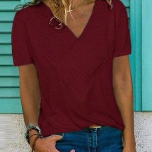 Woman Casual Solid Short Sleeve Cotton V Neck Blouse, T-shirts, color:Wine Red|size:XXL, Noracora