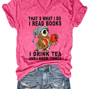 Women Owl That’s What I Do I Read Books I Drink Tea And I Know Things Vintage Cotton-Blend V Neck Animal T-Shirt, T-shirts, Lilicloth.com