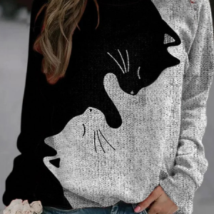 Women's Crew Neck Cat Casual Spring/Fall Long Sleeve Sweatshirt, JustFashionNow Sweatshirts & Hoodies, color:Black-grey|size:XXL,