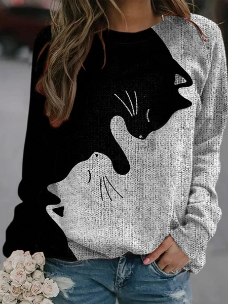 Women's Crew Neck Cat Casual Spring/Fall Long Sleeve Sweatshirt, JustFashionNow Sweatshirts & Hoodies, color:Black-grey|size:XXL,