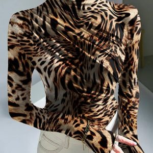 Turtleneck Jersey Animal Print Urban T-Shirt, Tees, color:As Picture|size:XXL, Stylewe