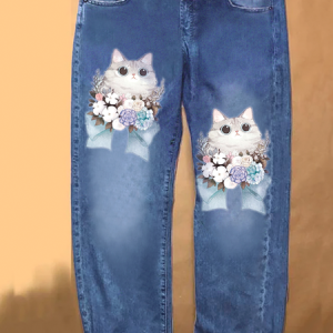 Womens Floral Cat Casual Printed Jeans, Jeans, Lilicloth.com