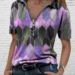 Vintage Geometric Zipper V neck T-Shirts, T-shirts, color:Purple|size:3XL, Noracora