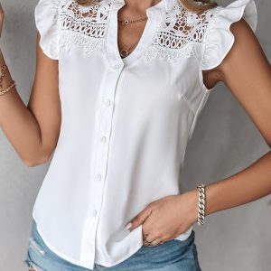 Flutter Sleeve Lace Patch Top, T-shirt & Tees, chicme - Women's Fashion Online