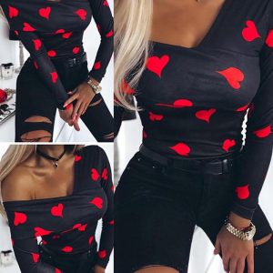 Heart Print Asymmetrical Neck Top, T-shirt & Tees, chicme - Women's Fashion Online
