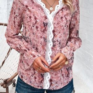 V Neck Long Sleeve Floral Regular Regular Fit Shirt For Women, Blouses, color:Brown|size:XL, Noracora