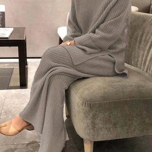 Women Plain Crew Neck Long Sleeve Comfy Casual Top With Pants Two-Piece Set, Sets, color:Camel|size:3XL, Noracora