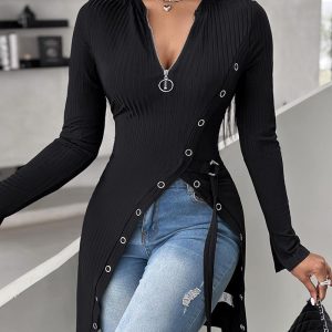 Long Sleeve Zipper Design High Slit Top, T-shirt & Tees, chicme - Women's Fashion Online
