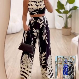 Tropical Striped Crop Top & Wide Leg Pants Set, Two-piece Sets, chicme - Women's Fashion Online