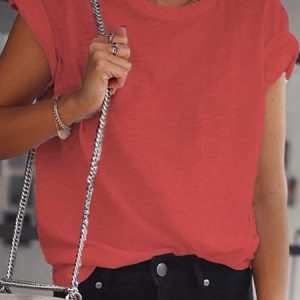 Women Short Sleeve Solid Cotton Casual T-shirt, T-shirts, color:Deep Pink|size:3XL, Noracora