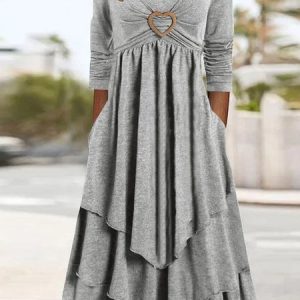 Casual Jersey Grommets Loose Dress, Midi, color:Gray|size:XXL, catalog Noracora shop