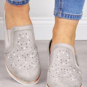 Casual Plain Slip On Low Heel Slip On Rhinestone, Flats/Loafers, color:Gray|size:43, Noracora