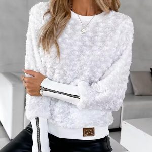Floral Pattern Fuzzy Zipper Design Top, T-shirt & Tees, chicme - Women's Fashion Online