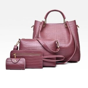 4pcs/set Large Capacity Crocodile Embossed Handbag Commuting Tote Bag with Crossbody Strap, Bags, color:Dark Pink|size:One-size, Stylewe