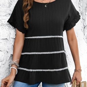 Crew Neck Short Sleeve Plain Regular Loose Shirt For Women, Blouses, color:Black|size:XL, Noracora