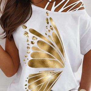 Butterfly Print Cold Shoulder Top, T-shirt & Tees, chicme - Women's Fashion Online