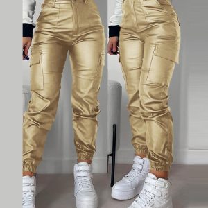 Pocket Design Cuffed PU Leather Pants, Pants, chicme - Women's Fashion Online