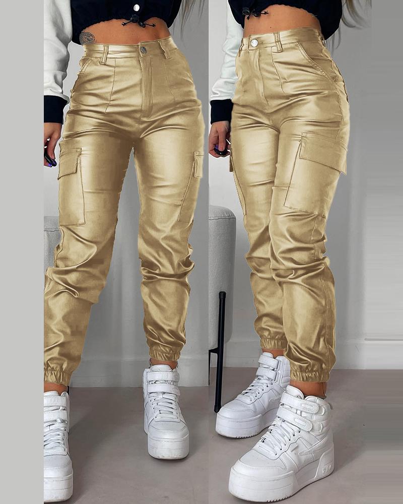 Pocket Design Cuffed PU Leather Pants, Pants, chicme - Women's Fashion Online