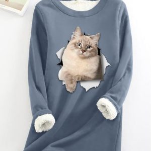 Women Funny 3D Print Cat Simple Warmth Fleece Sweatshirt, Hoodies&Sweatshirts, Lilicloth.com