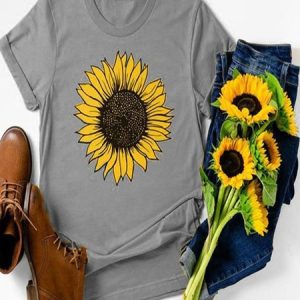 Vintage Short Sleeve Sunflower Printed Casual Top, T-shirts, color:Gray|size:3XL, Noracora