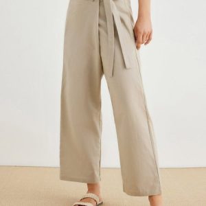 Linen Plain Capris Pant, Pants, color:Taupe|size:XXL, Noracora