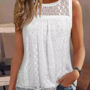Casual Crew Neck Plain Tank Top Lace, Tanks & Camis, color:White|size:XXL, Noracora