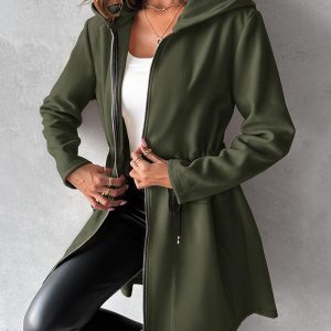 Pocket Zipper Design Drawstring Hooded Coat, Jackets & Coats, chicme - Women's Fashion Online
