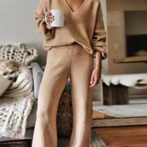 Women Plain V Neck Long Sleeve Comfy Casual Top With Pants Two-Piece Set, Sets, color:Coffee|size:3XL, Noracora