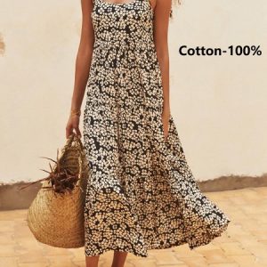 Women Floral Spaghetti Gallus Comfy Boho Maxi Dress, Dresses, color:Black|size:XXL, Noracora