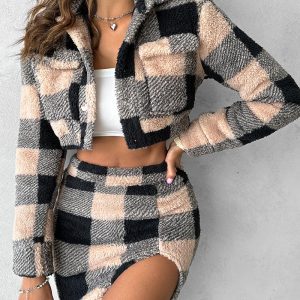 Plaid Pattern Crop Teddy Jacket & Slit Skirt Set, Two-piece Sets, chicme - Women's Fashion Online