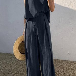 Women Plain Crew Neck Sleeveless Comfy Casual Top With Pants Two-Piece Set, Sets, color:Navy Blue|size:5XL, Noracora
