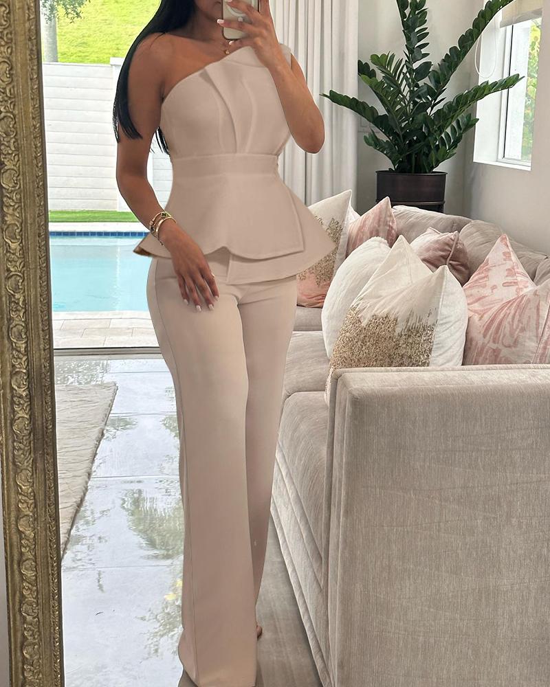 One Shoulder Ruched Top & Straight Leg Pants Set, Two-piece Sets, chicme - Women's Fashion Online