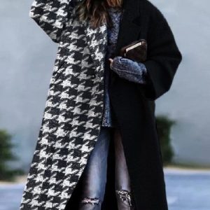 Shawl Collar Long Sleeve Geometric Regular Loose Coat For Women, Coats, color:Black-white|size:5XL, Noracora