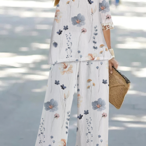 Women Floral Crew Neck Half Sleeve Comfy Casual Lace Edge Top With Pants Two-Piece Set, Sets, color:White|size:XXL, Noracora