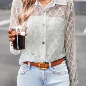 Shirt Collar Short Sleeve Plain Mesh Regular Loose Blouse For Women, Blouses, color:White|size:XL, Noracora