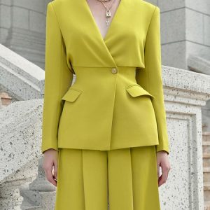 V Neck Plain Regular Fit Elegant Blazer, Blazers, color:Yellow|size:XXL, Stylewe