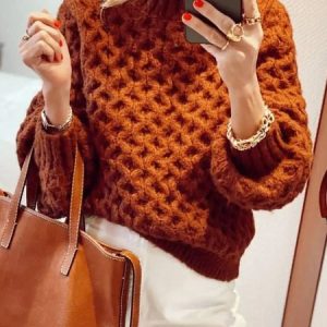 Long Sleeve Casual Plain Turtleneck Sweater, Pullovers, color:Caramel|size:XXL, Stylewe