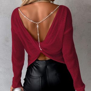 Pearls Strap Backless Twisted Knit Sweater, Sweaters & Cardigans, chicme - Women's Fashion Online