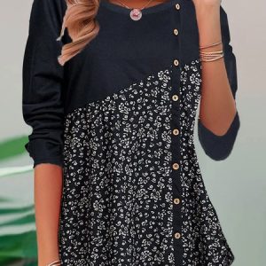 Floral Crew Neck Loose Casual T-Shirt, Long sleeves, Lilicloth.com