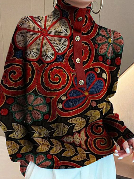Plus Size Long Sleeve Abstract Turtleneck Urban Shirt, Plus Tops, color:Red|size:4X, Stylewe