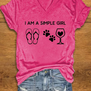 Women's"I'm a simple girl"print Cotton-Blend Vintage Loose Dog T-Shirt, T-shirts, Lilicloth.com