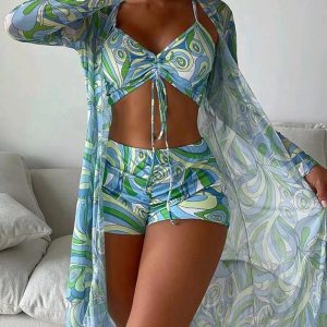 3PCS Allover Print Drawstring Bikini Set With Cover Up, Bikini, chicme - Women's Fashion Online