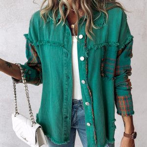 Colorblock Plaid Print Raw Hem Shacket, Jackets & Coats, chicme - Women's Fashion Online