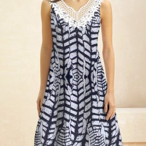 Women Abstract Stripes Lace Collar Sleeveless Comfy Casual Lace Short Dress, Dresses, color:Black-white|size:XXL, Noracora
