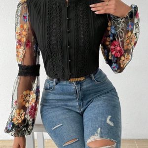 Stand Collar Long Sleeve Floral Mesh Regular Loose Blouse For Women, Blouses, color:Black|size:XXL, Noracora