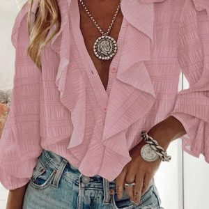 V Neck Long Sleeve Plain Regular Loose Blouse For Women, Blouses, color:Pink|size:XXL, Noracora