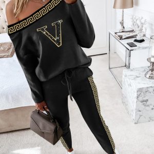 Geo Tape Patch Rhinestone Decor Top & Drawstring Pants Set, Two-piece Sets, chicme - Women's Fashion Online
