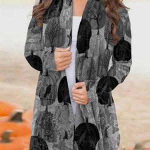 Halloween-Jacket Casual Long Sleeve Printed Cardigan, Kimono, color:Gray|size:XXL, Noracora