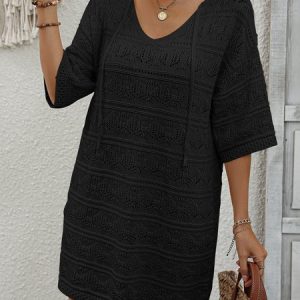 Women Plain V Neck Half Sleeve Comfy Casual Hollow Out Short Dress, Dresses, color:Black|size:XL, Noracora