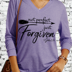 Women's Not Perfect Just Forgiven Casual V Neck Cotton-Blend Long Sleeve Shirt, Long sleeves, Lilicloth.com